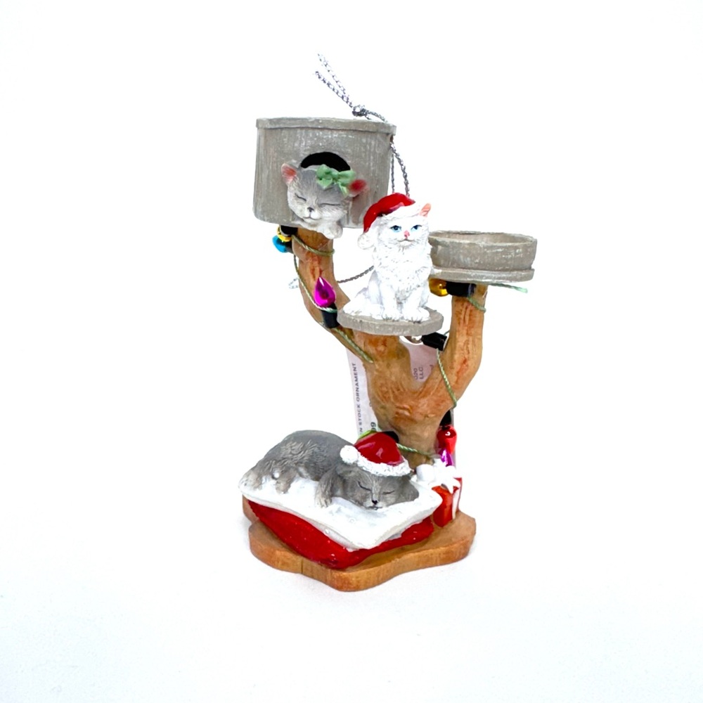 Cat Tower Christmas Tree Ornament 3 Gray & White Sleeping Colored Bulb Tiered